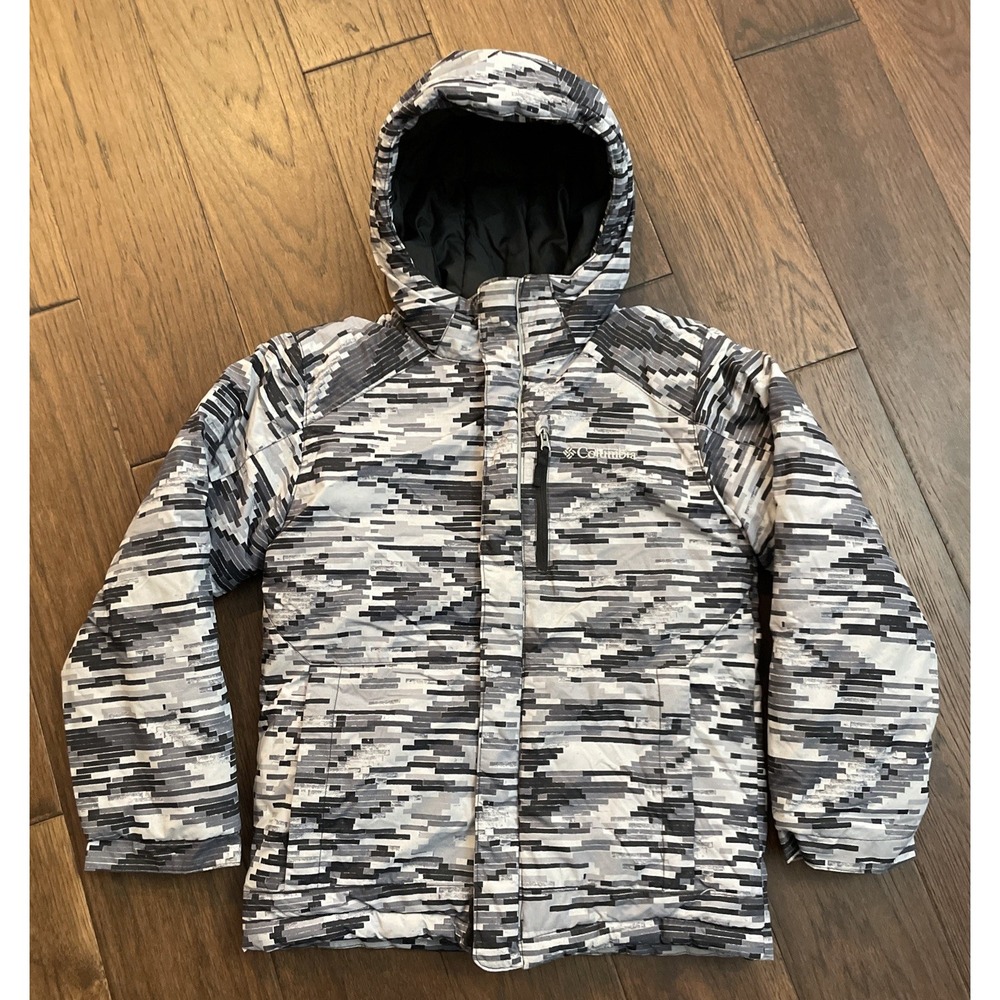 Columbia Jacket Youth Small Black Gray Digital Hooded Insulated Full Zip Winter